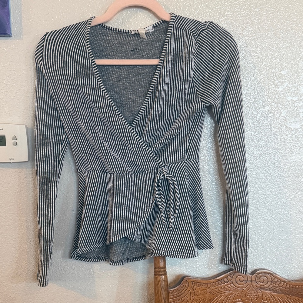 Caution To The Wind Black and White Striped Wrap Top